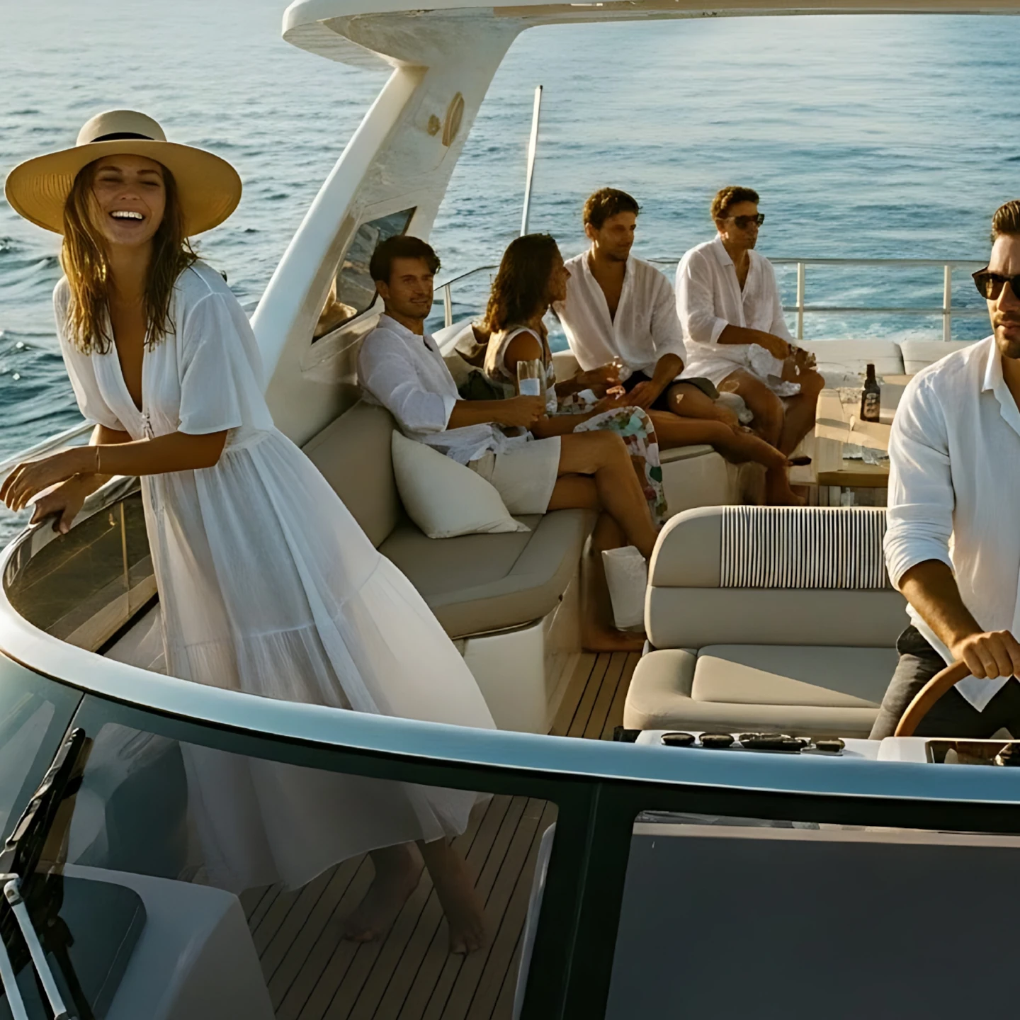 Grupo de amigos disfrutando de un paseo en yate privado de lujo