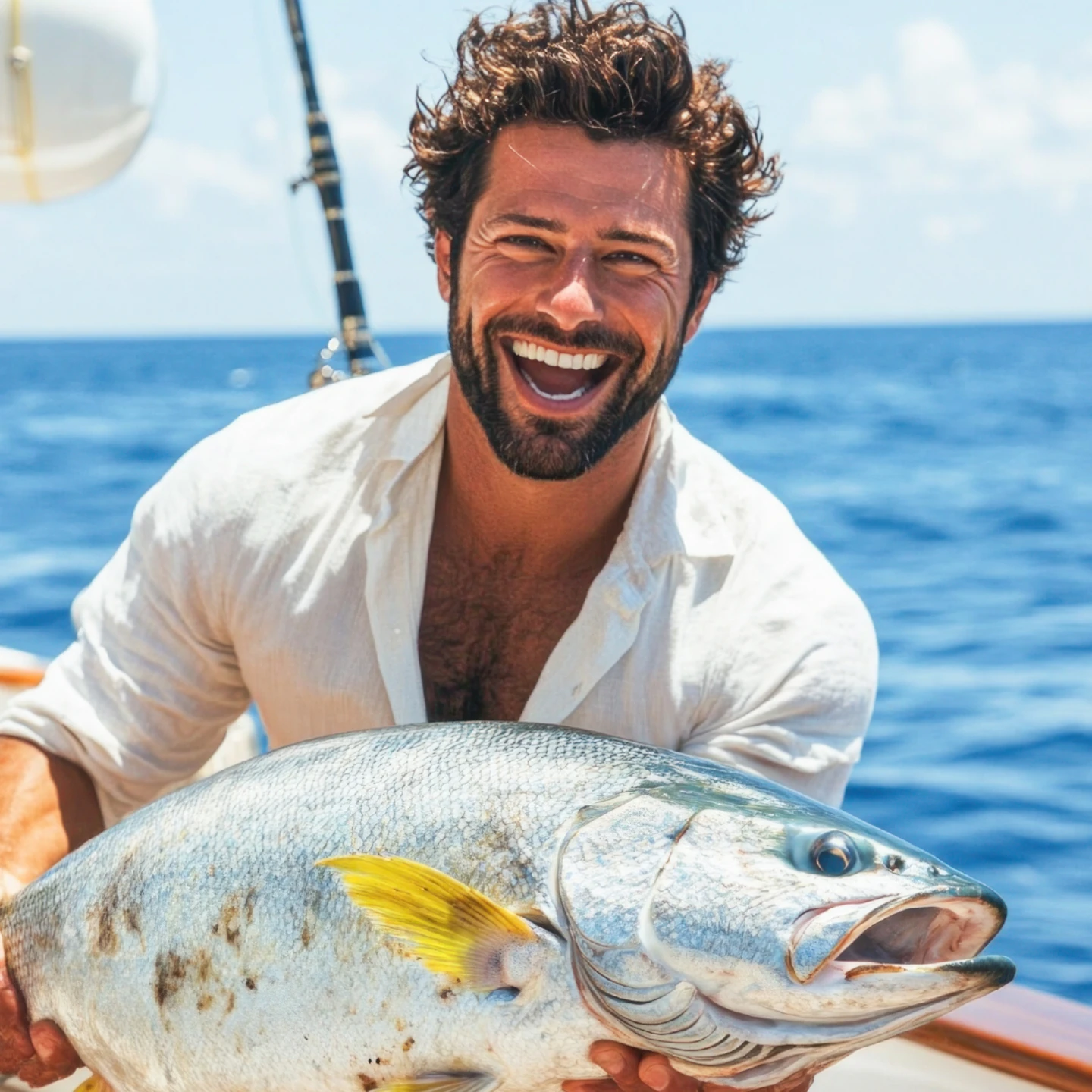 Turista celebrando la captura de un pez grande en tour de pesca deportiva